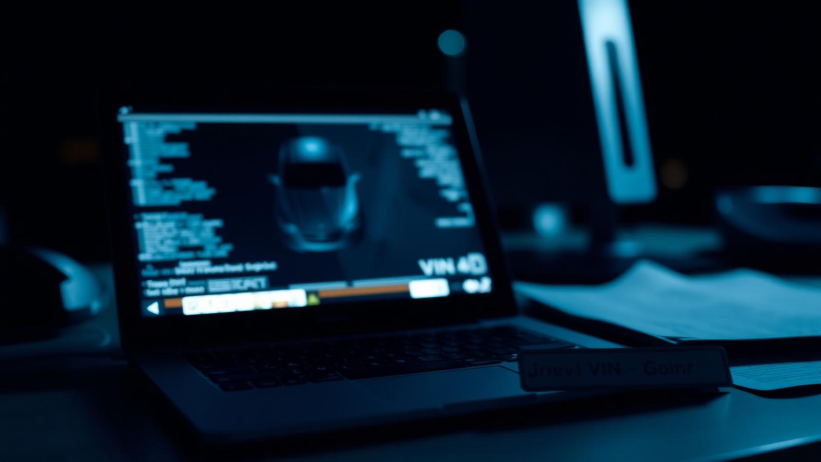 Laptop screen glowing in a dark room with a VIN plate on the desk