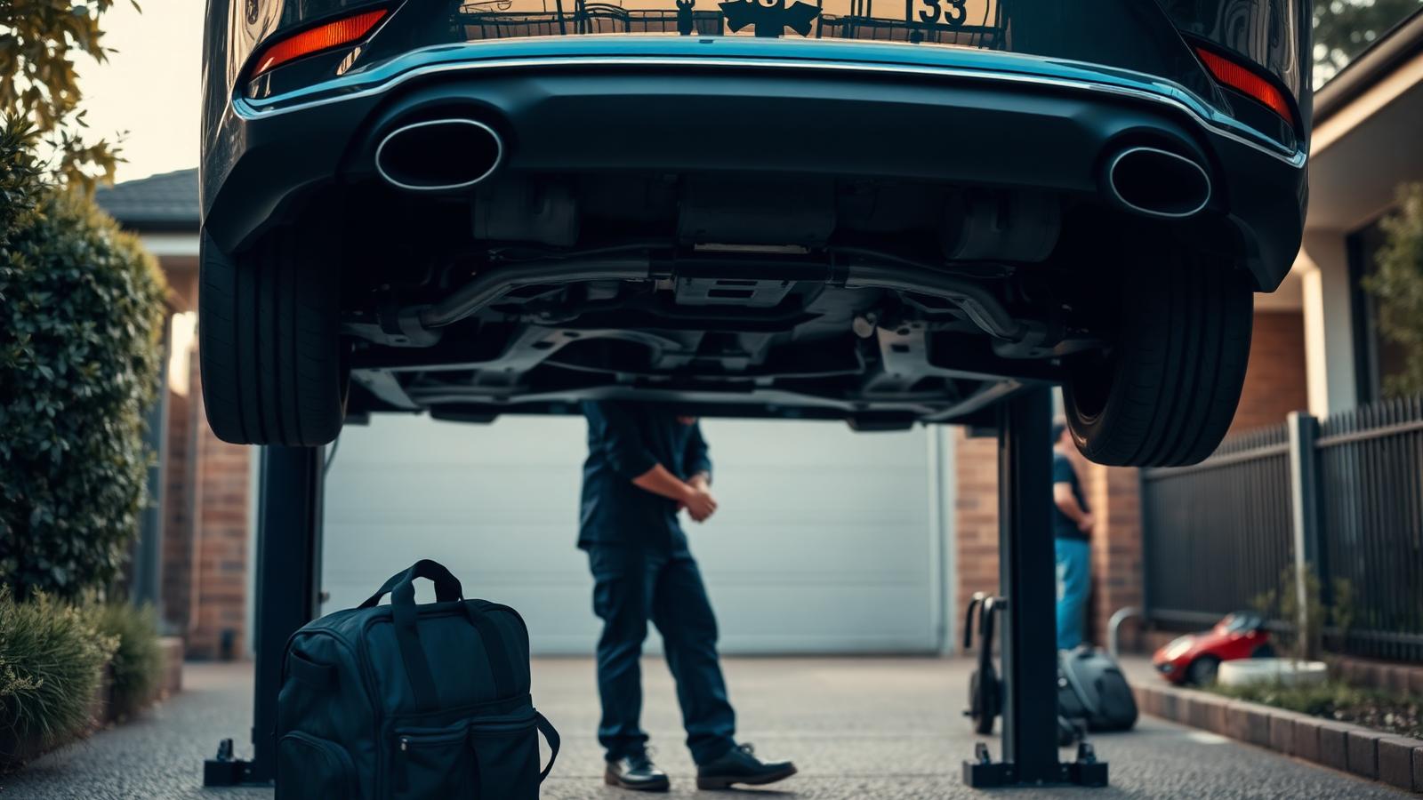 Mobile mechanic inspecting the underside of a sedan in a Sydney driveway