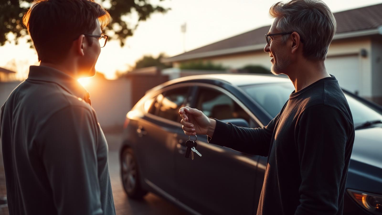 Two people exchanging car keys next to a sedan in a Sydney driveway at sunset