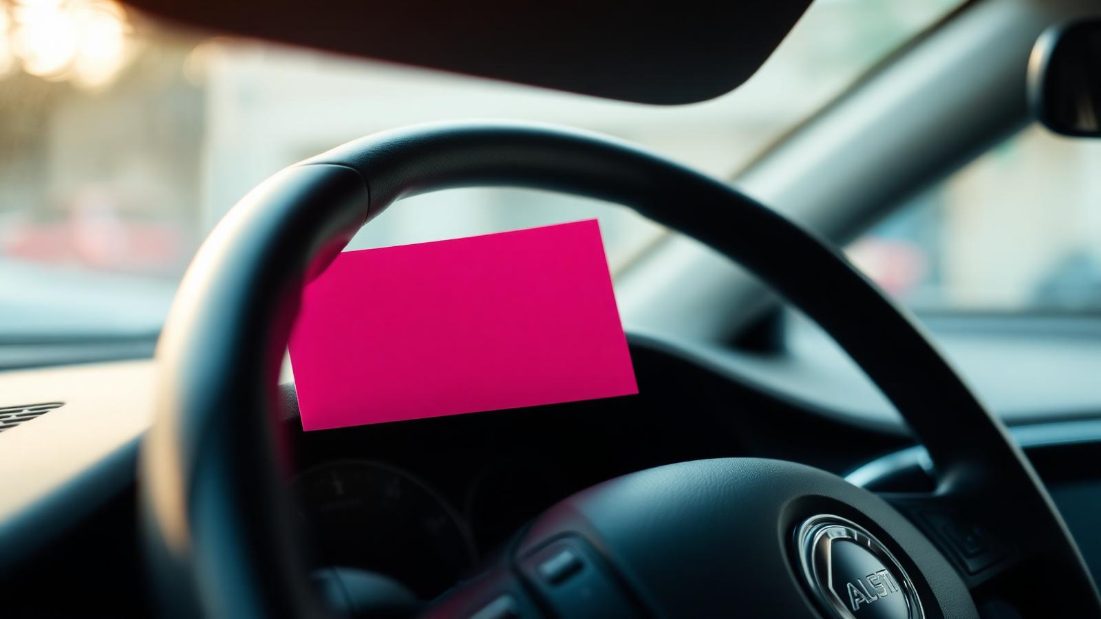 Pink NSW rego slip resting on a steering wheel