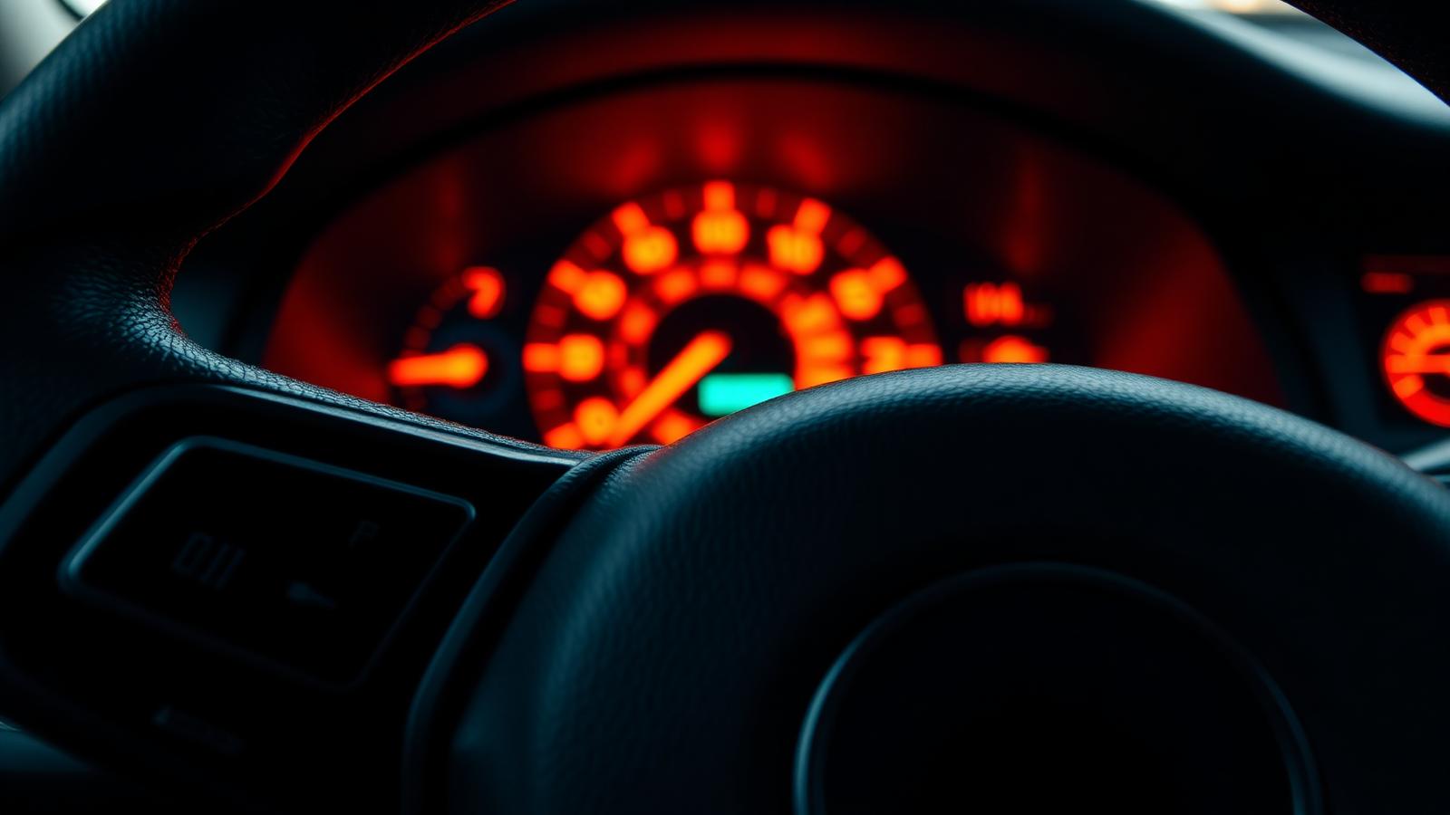 Close-up of a glowing dashboard tachometer through a car steering wheel