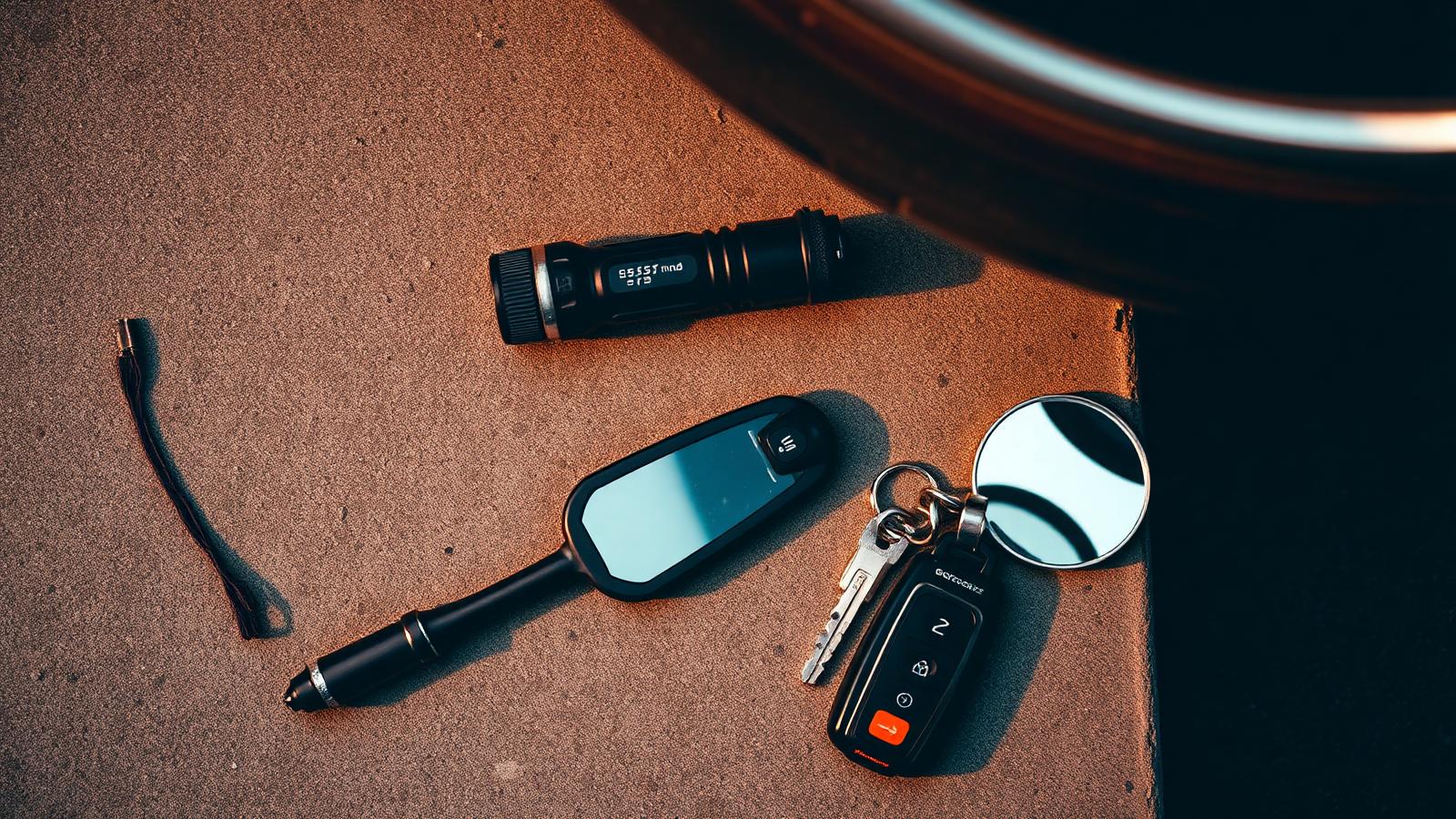 Torch, tyre gauge and inspection mirror laid out on concrete