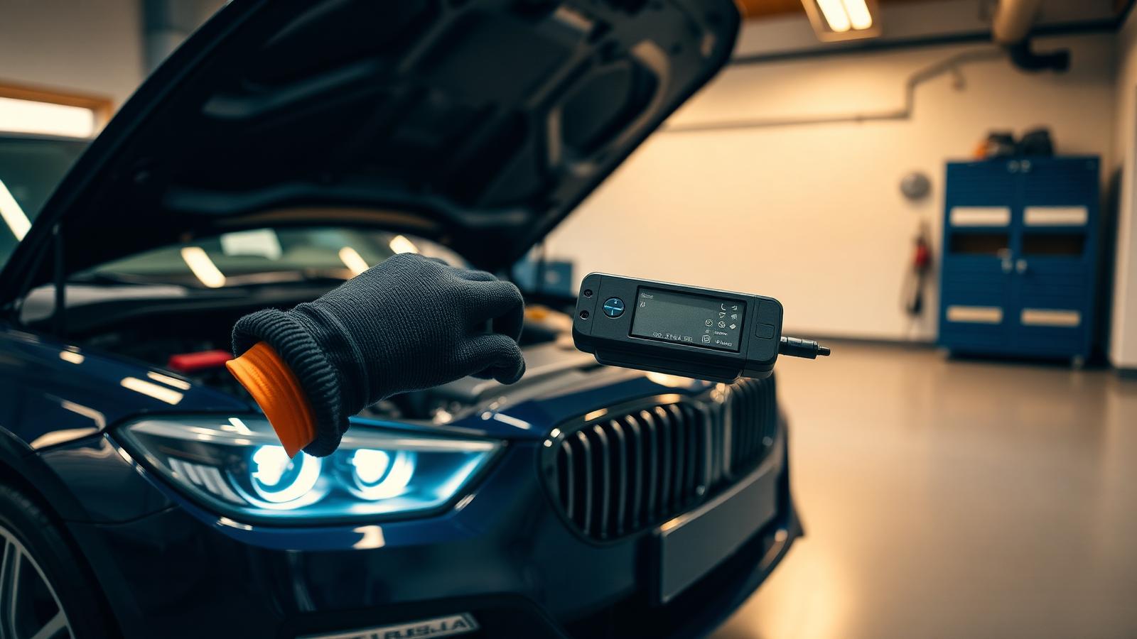 European luxury sedan with bonnet open and a mechanic holding a diagnostic tool