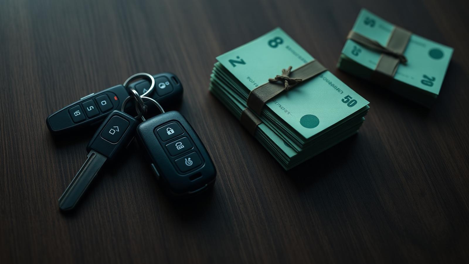 Car keys and bundled cash on a dark timber surface
