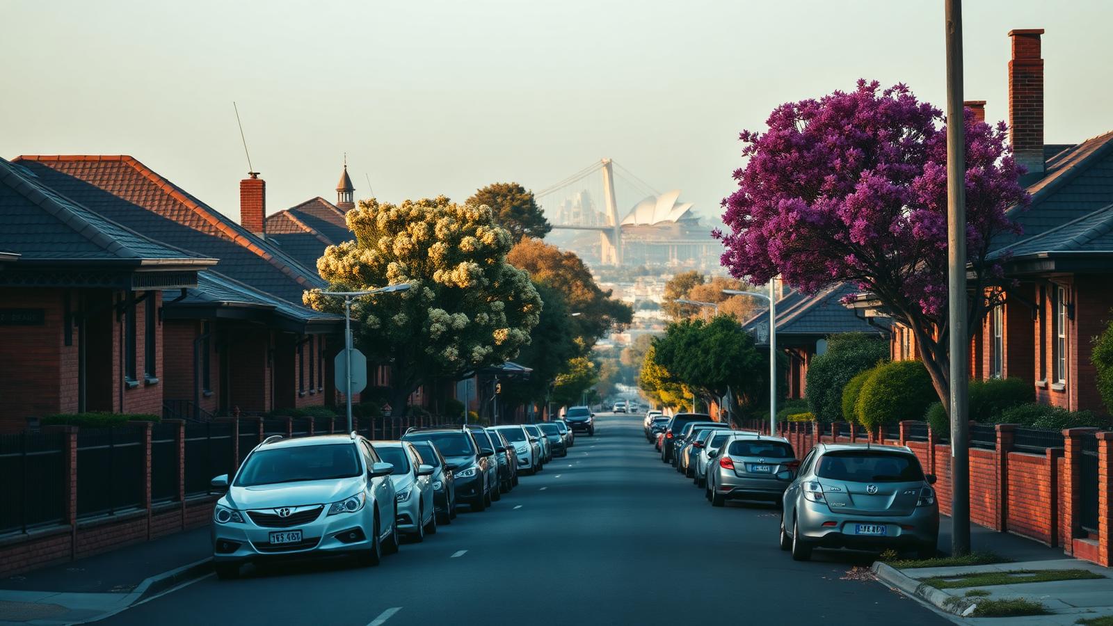 Sydney inner-west street lined with brick houses and jacarandas with the Harbour Bridge in the distance