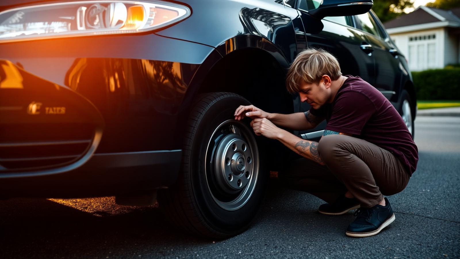 Person crouched inspecting the front tyre of a used sedan at golden hour