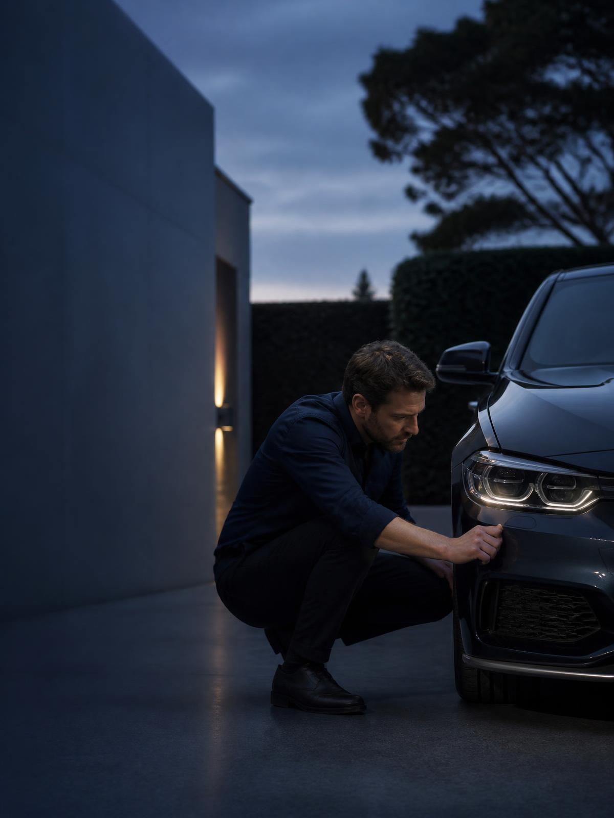 Mechanic performing a pre-purchase vehicle inspection in Sydney at dusk